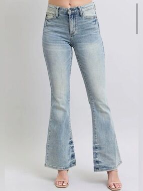 Judy Blue Mid Rise Tinted Pin Tack Detail Flare Denim Jeans 88655 Sz 18W